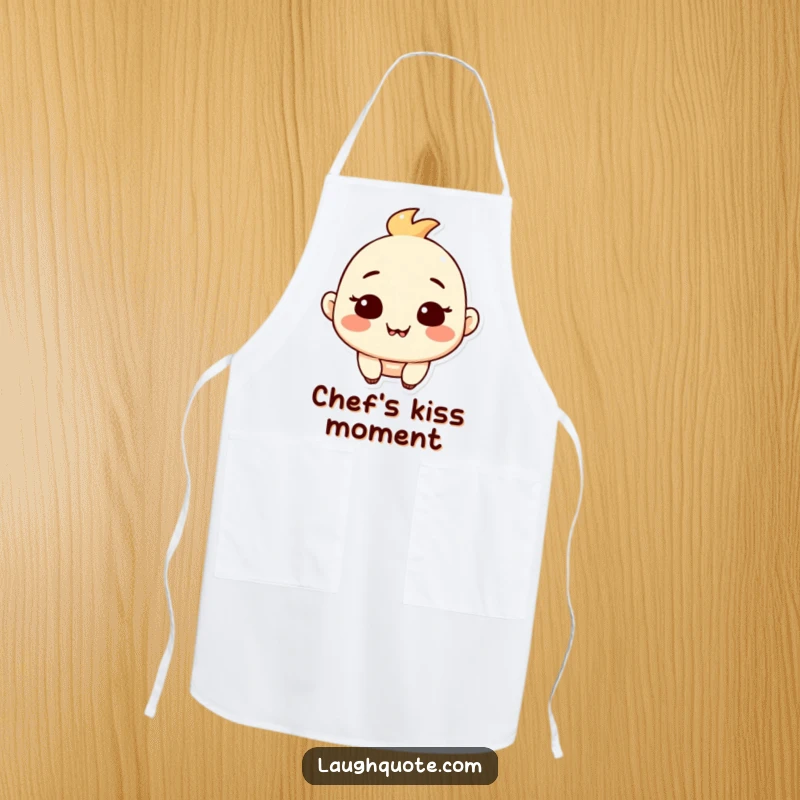 Funny apron depicting a contented character with a satisfied expression and a subtle, happy chuckle.