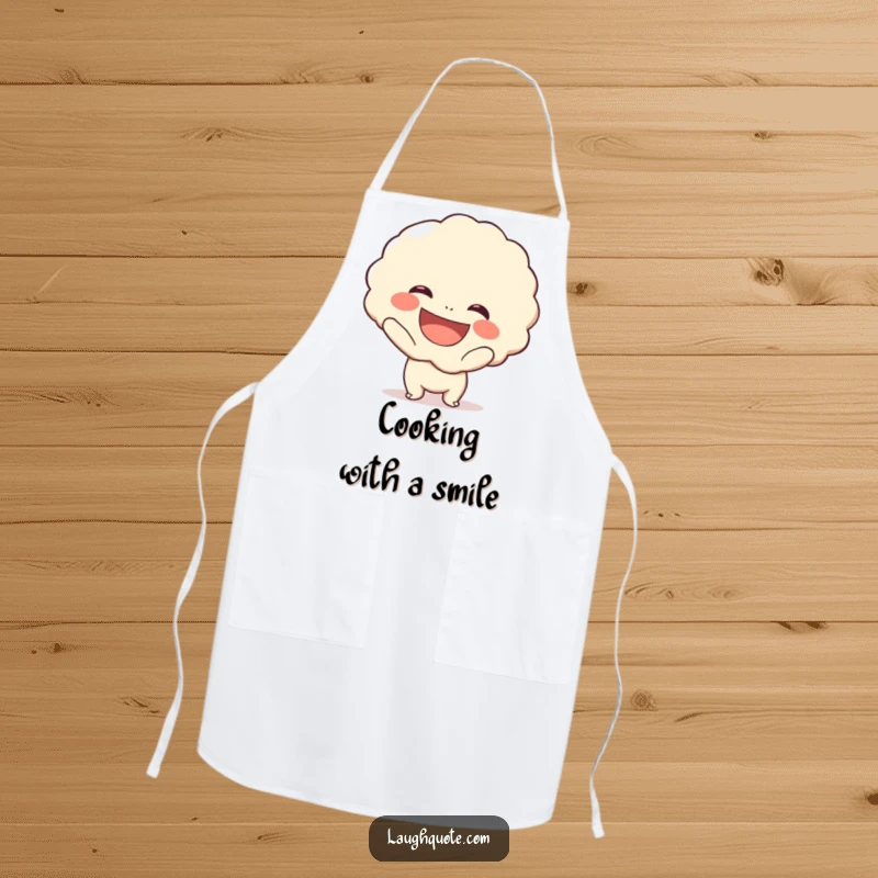 Funny apron featuring a cute character with a beaming smile holding a large, exaggerated laugh bubble, perfect for kitchen fun.