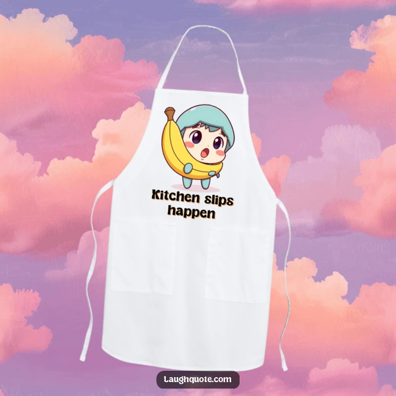 Funny apron showing a character surprised by a banana peel, with a humorous dawning amusement, perfect for kitchen antics.