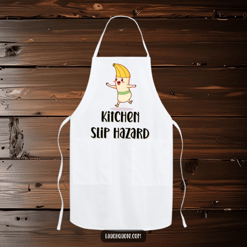 Funny apron featuring a mischievous banana peel attempting to trip a dancing sock, perfect for a cook with a sense of humor.