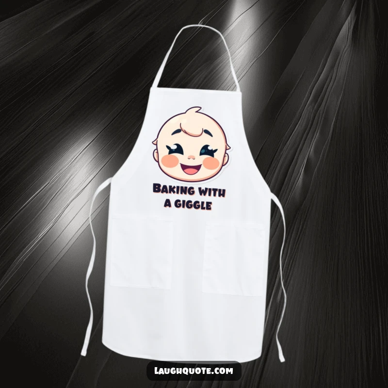 Funny Apron featuring a cheerful character with crinkled eyes giggling contagiously, adding humor to cooking tasks.