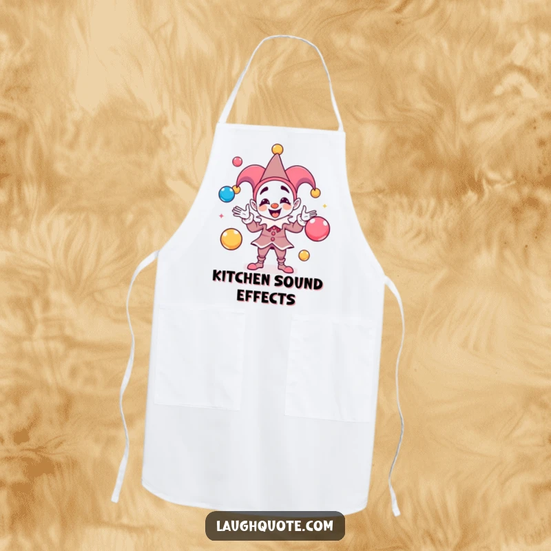 Funny Apron decorated with a playful jester juggling colorful sound balls, adding vibrant energy to cooking.