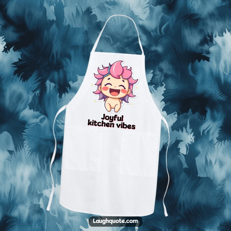 Funny kitchen apron with a delighted character bursting with vibrant, colorful laughter, adding a cheerful and protective touch to cooking and baking activities.