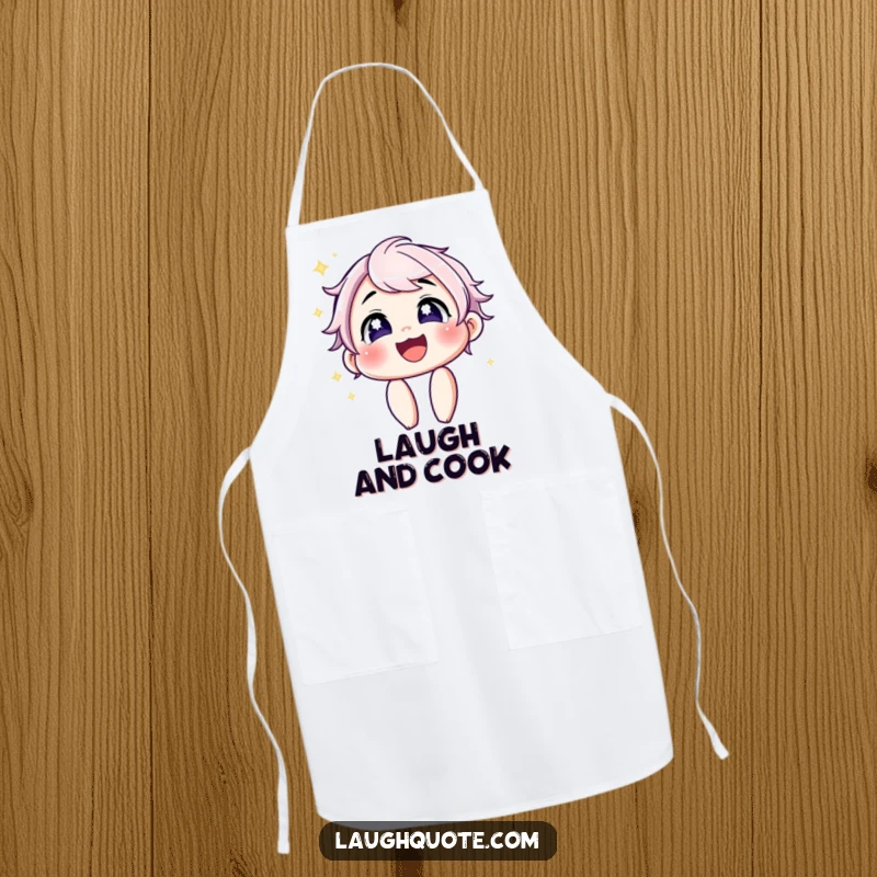 Funny Apron: Character with sparkling eyes sharing infectious laughter, bringing joy and humor to kitchen activities.