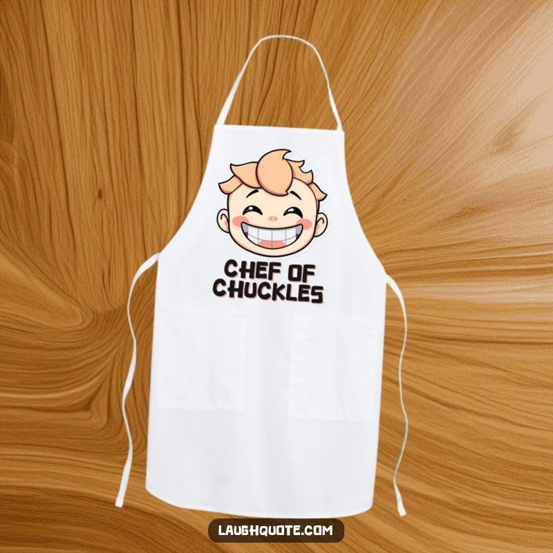 Funny Apron with a character in stitches, laughing uncontrollably with a huge, joyous expression.
