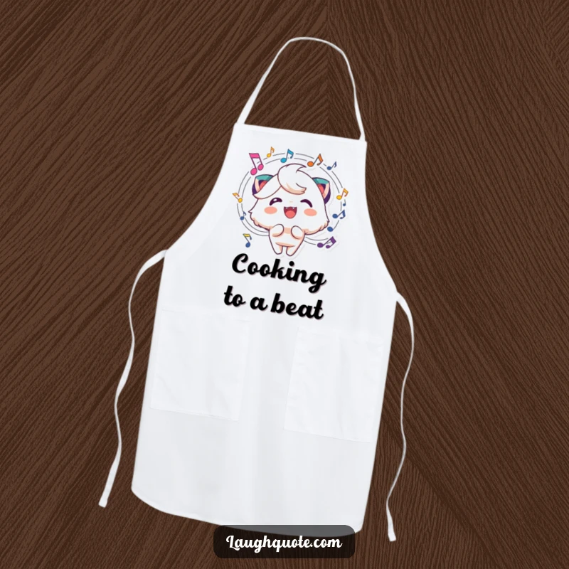 Funny music apron featuring a cheerful character with musical notes swirling around its head, perfect for the kitchen.