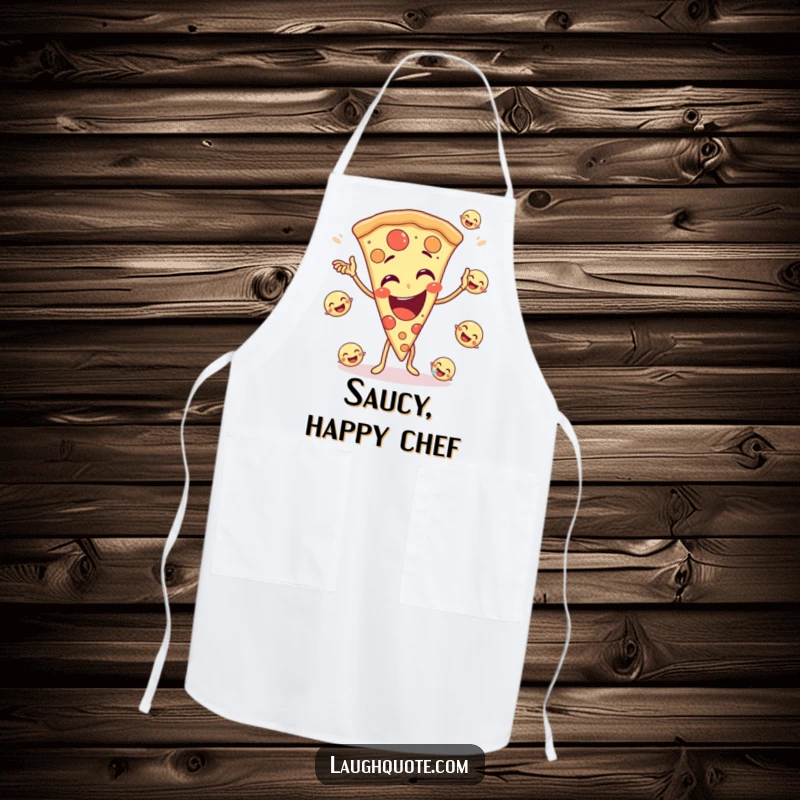 Funny apron featuring a giggling pizza slice character juggling small, laughing emojis, perfect for a cheerful cook.