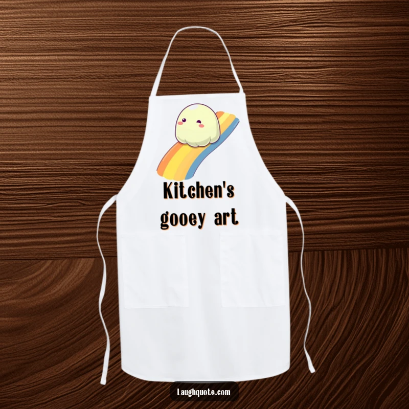 Funny slime blob sliding down a rainbow, a humorous apron for joyful kitchen adventures.