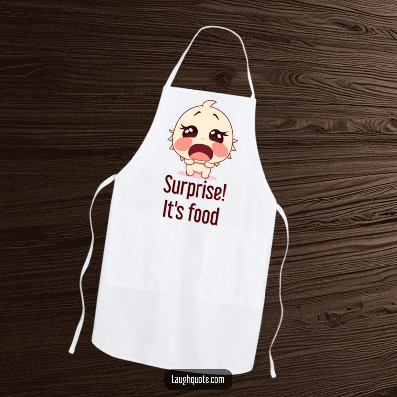 Funny Apron depicting a surprised character with an open mouth, overtaken by sudden, uncontrollable laughter while cooking.
