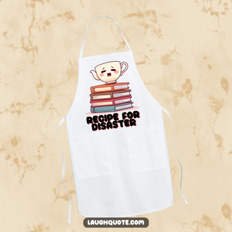 Funny teacup wobbling on books, a humorous apron for kitchen adventures and tea parties.