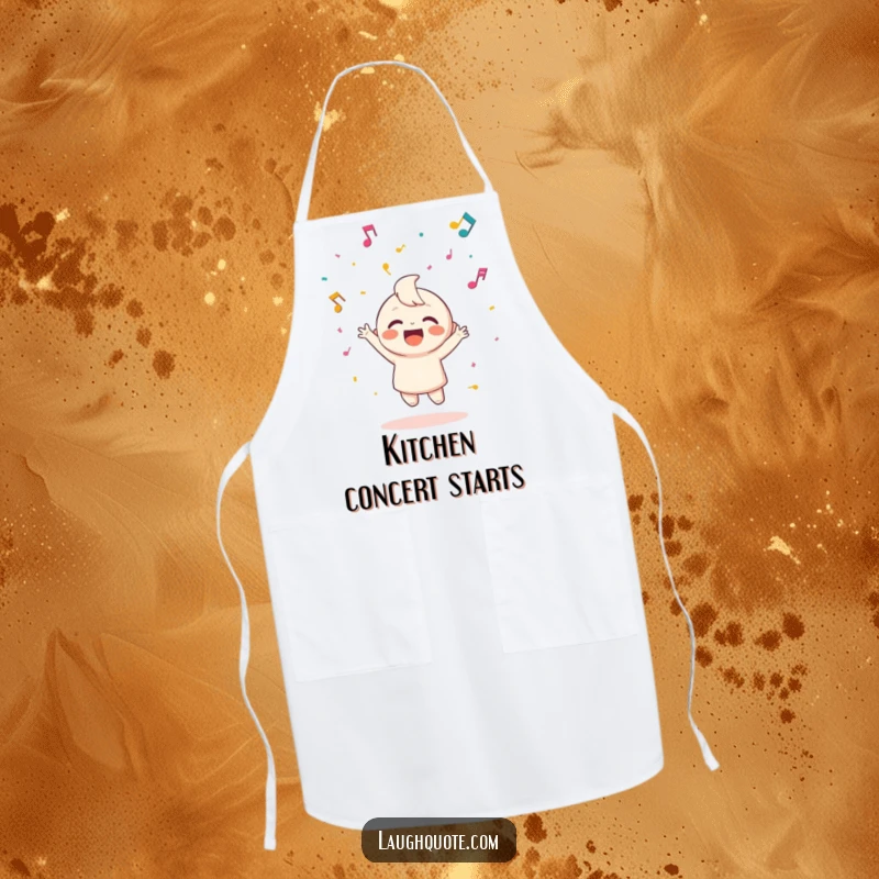 Funny apron depicting a happy character throwing confetti made of musical notes, perfect for kitchen celebrations.