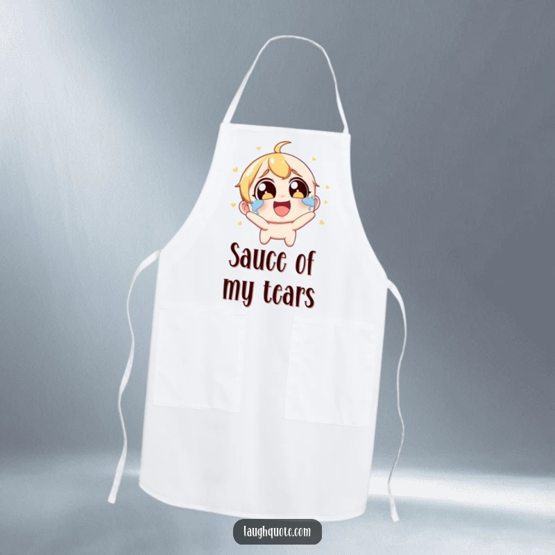 Funny Apron: A character with wide eyes laughs heartily, tears streaming, while wearing this funny apron.