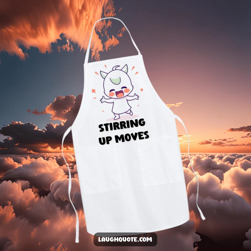 Funny Apron: Character performing an exaggerated, silly dance while cooking, bringing humor to the kitchen.