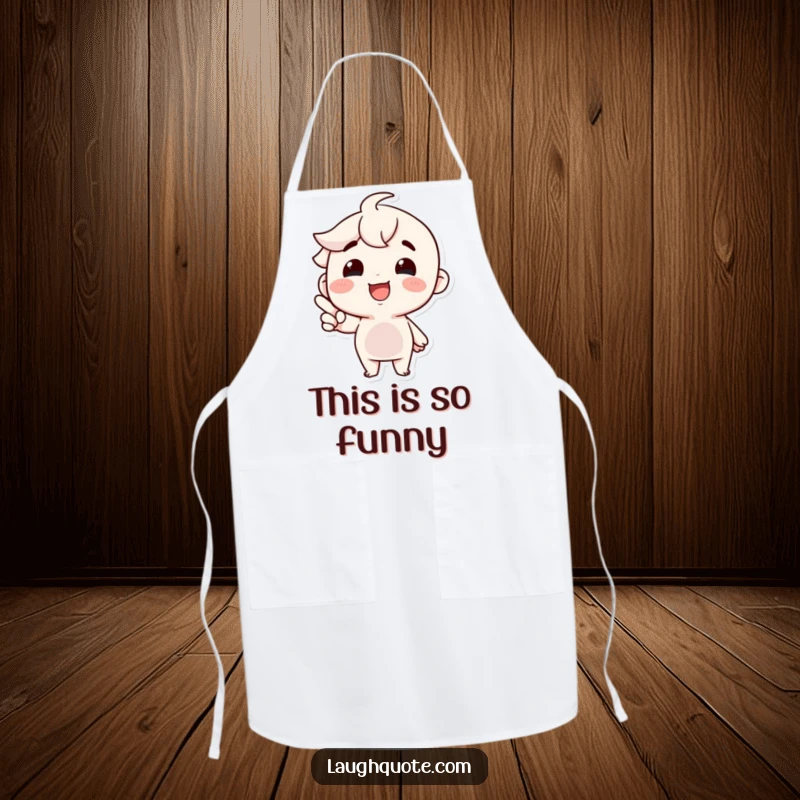 Funny Apron: A character with a huge, beaming smile points with excitement at a culinary mishap, adding humor to cooking.