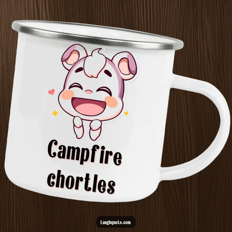 Funny Camping Mug: Smiling character, head tilted back, lets out a hearty chuckle in a natural setting.
