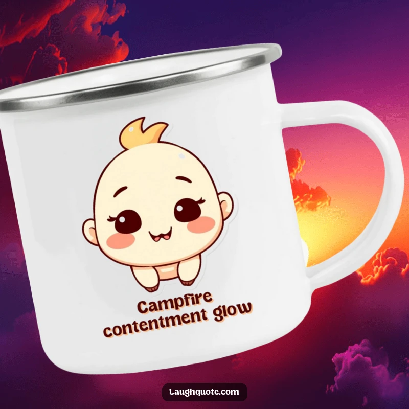Funny camping mug showing a contented character with a satisfied expression and a subtle, happy chuckle.