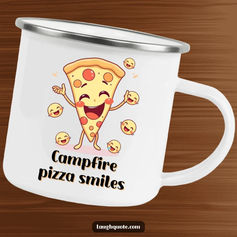 Funny camping mug featuring a giggling pizza slice character juggling small, laughing emojis, perfect for outdoor enjoyment.