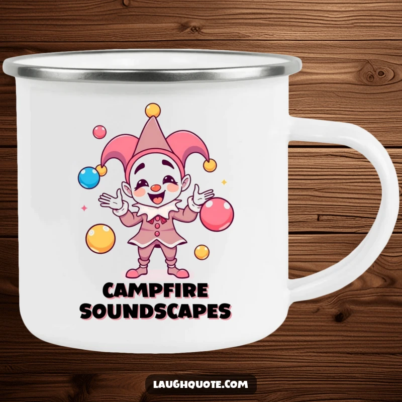 Funny Camping Mug with a playful jester juggling sound balls, perfect for enjoying drinks outdoors.