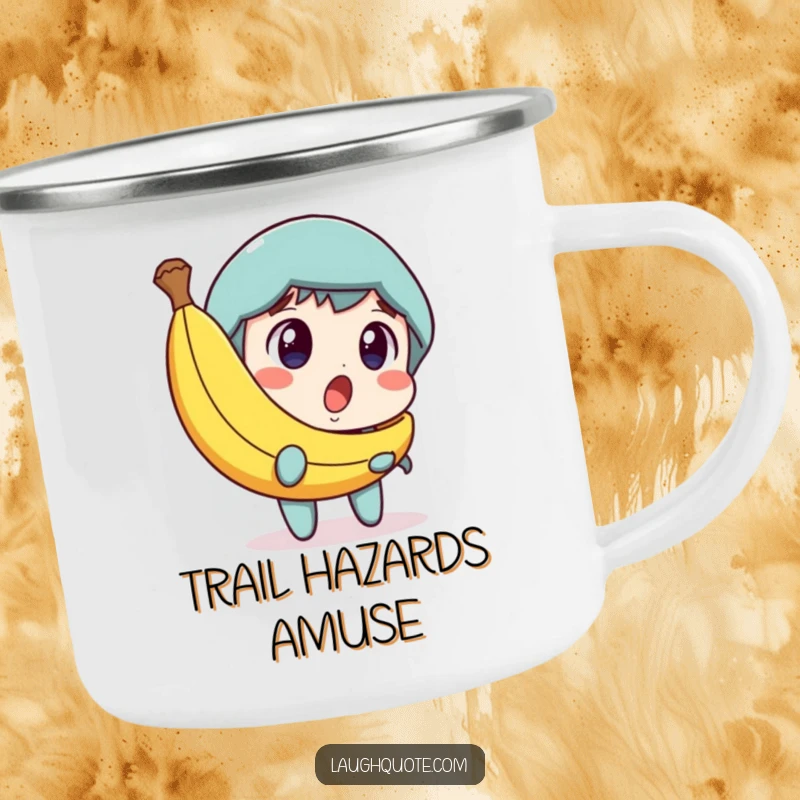 Funny camping mug showing a character surprised by a banana peel, with a dawning look of amusement, ideal for outdoor fun.