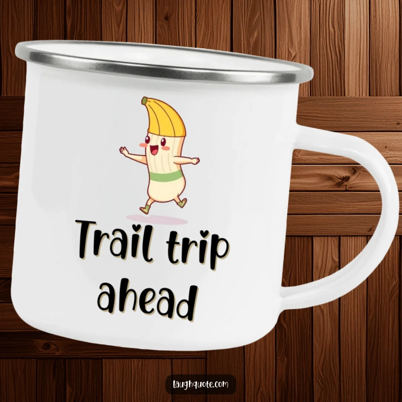 Funny camping mug featuring a mischievous banana peel attempting to trip a dancing sock, perfect for outdoor sipping with a laugh.