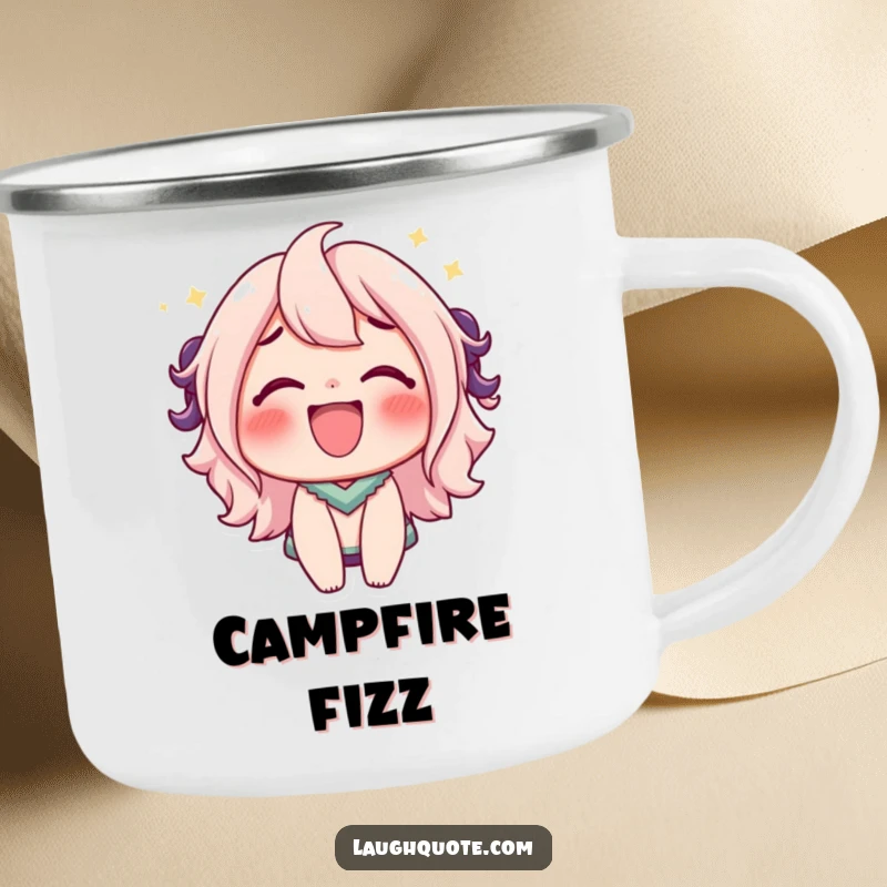 Funny Camping Mug: A character's bubbly, effervescent laugh perfect for enjoying drinks outdoors with joy.