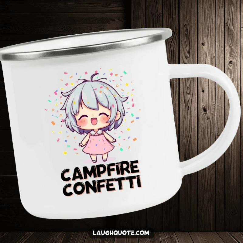 Funny Camping Mug: Character joyfully exhaling confetti, designed for cheerful outdoor drinks and celebrations.