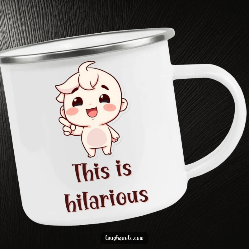 Funny Camping Mug: A happy character with a wide smile points at the campfire, enjoying a hilarious moment outdoors.