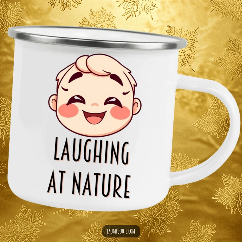 Funny Camping Mug with an exaggerated happy face and laughter lines, perfect for outdoor drinks.