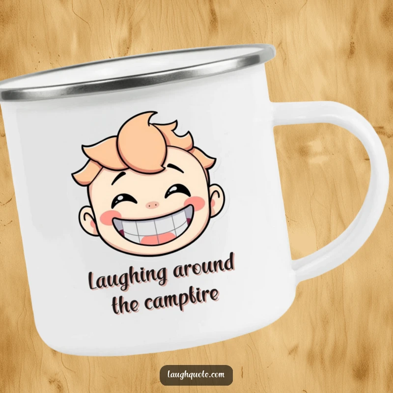Funny Camping Mug illustration of a character heartily laughing, perfect for outdoor fun and humor.