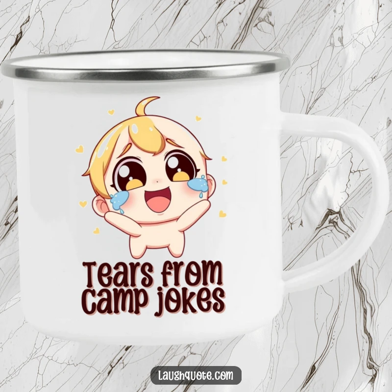 Funny Camping Mug: Character with wide eyes laughs uncontrollably, tears streaming, enjoying the outdoors.