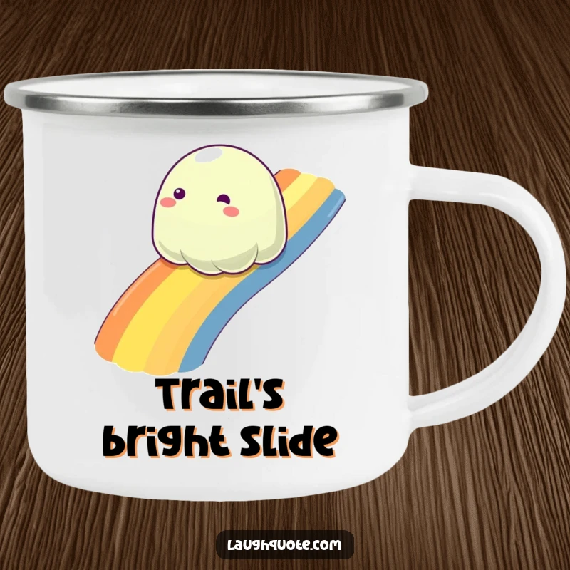 Funny slime blob sliding down a rainbow, a durable camping mug for outdoor fun and vibrant vibes.