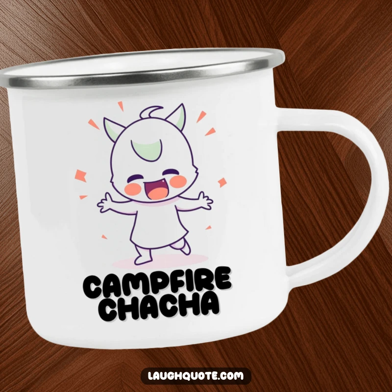 Funny Camping Mug: Character in an exaggerated silly dance, designed for outdoor adventures and cheerful sipping.