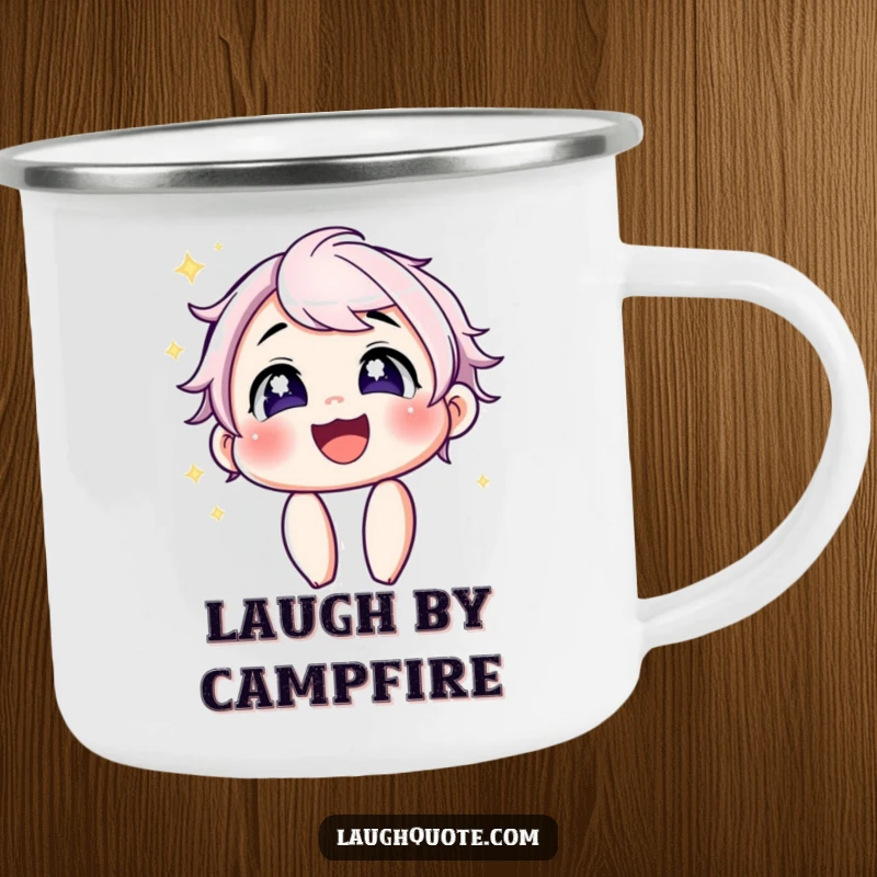 Funny Camping Mug: Features a character with sparkling eyes sharing infectious laughter, perfect for happy outdoor drinks.