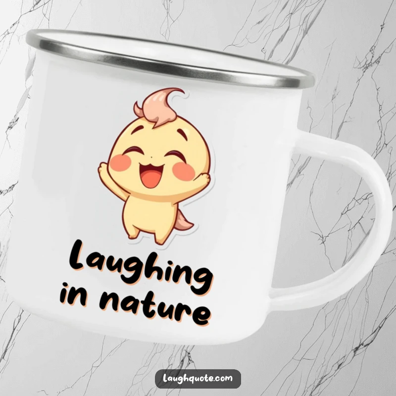 Funny Camping Mug showcasing a character laughing heartily, perfect for outdoor enthusiasts who enjoy a good chuckle.