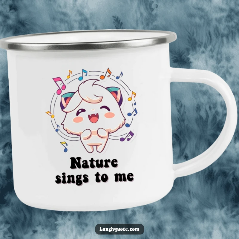 Funny music camping mug featuring a cheerful character with swirling musical notes, perfect for outdoor enthusiasts.