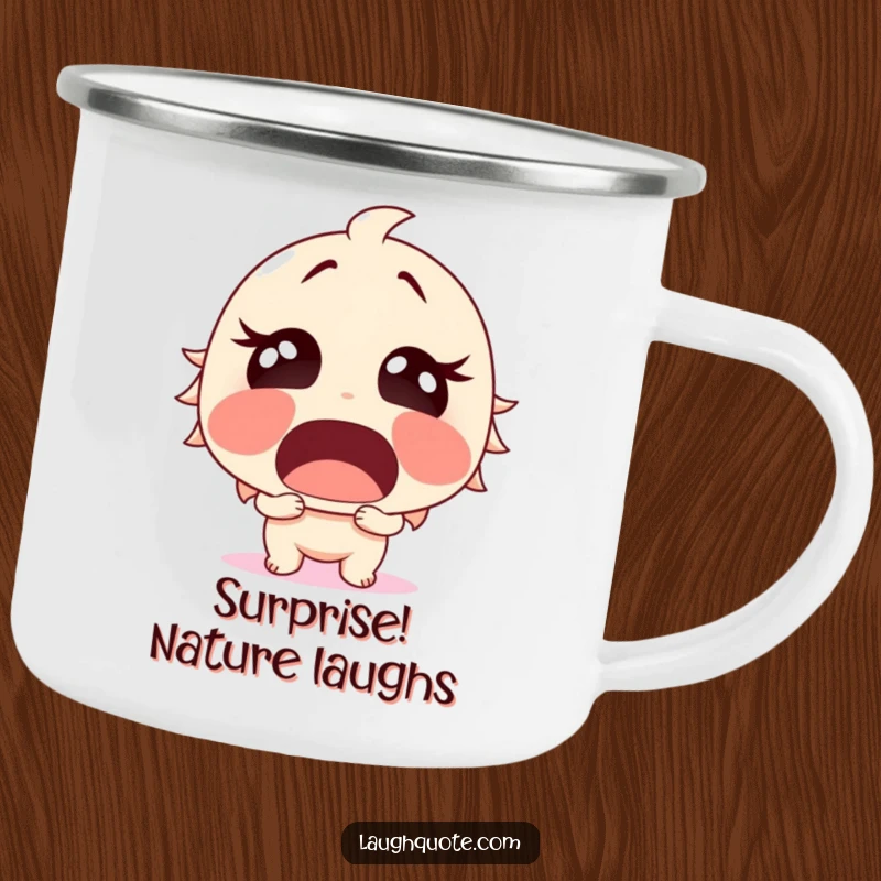 Funny Camping Mug showing a surprised character with mouth open, erupting in sudden, hilarious laughter, perfect for adventurers.