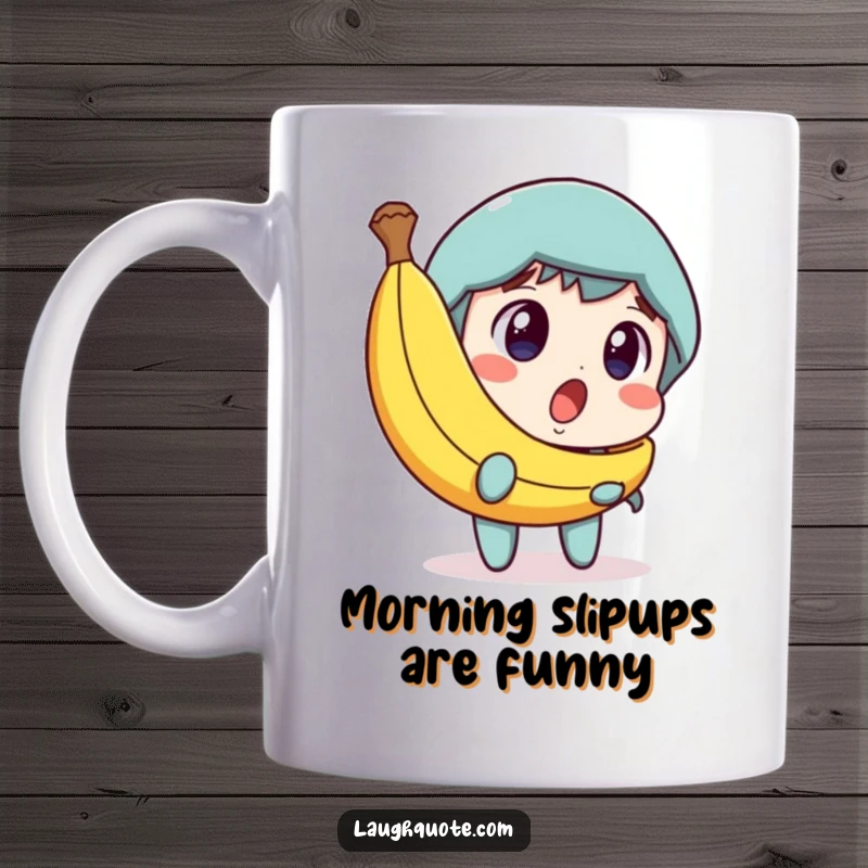 Funny mug showing a surprised character discovering a banana peel, with a dawning look of amusement spreading across its face.