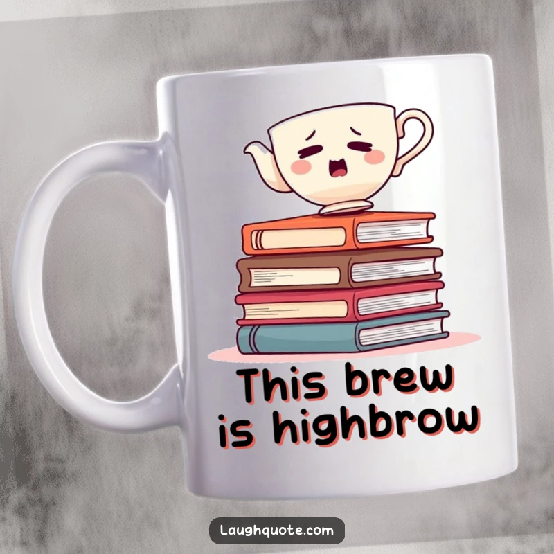 Funny bewildered teacup wobbling on books, a humorous mug perfect for tea lovers and readers.