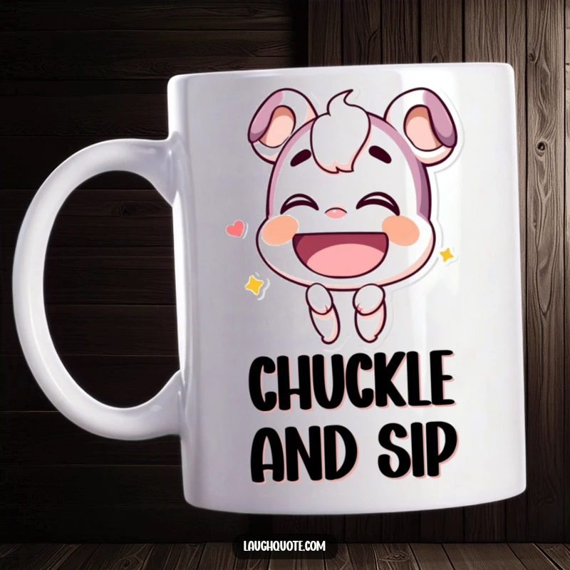 Funny Mug: A smiling character, head tilted back, lets out a deep and hearty chuckle.