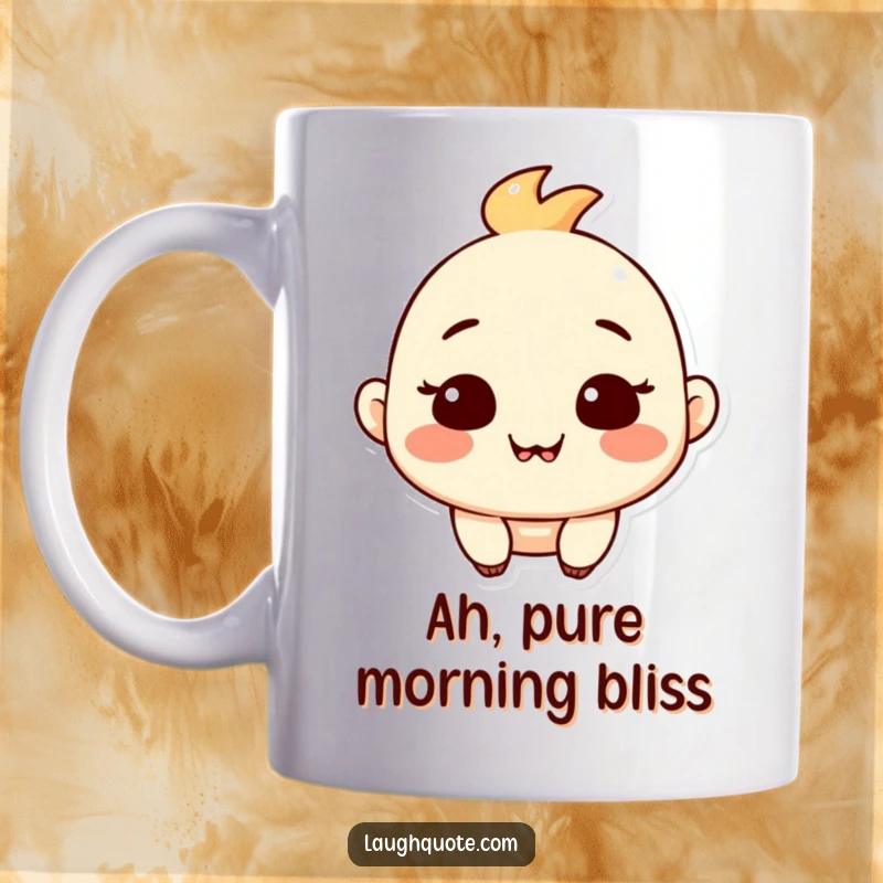 Funny mug showing a character with a serene, contented expression and a subtle, satisfied chuckle.