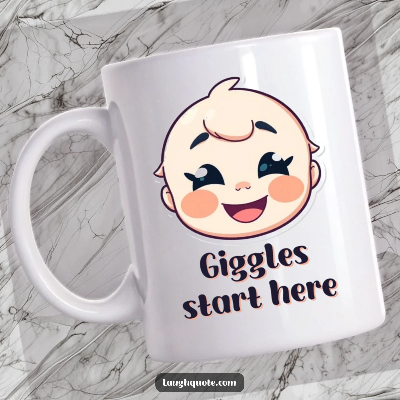 Funny Mug featuring a cheerful character with crinkled eyes letting out a contagious giggle, radiating pure joy.