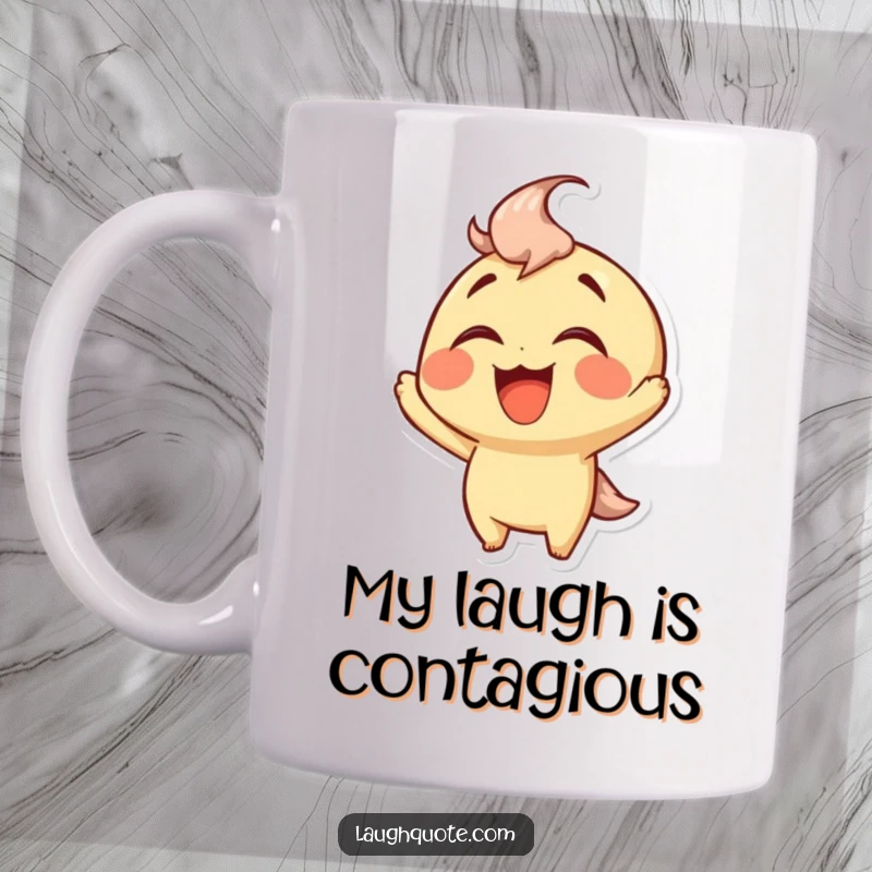 Funny Mug featuring a happy character throwing its head back in uncontrollable laughter, wide grin showing pure delight.