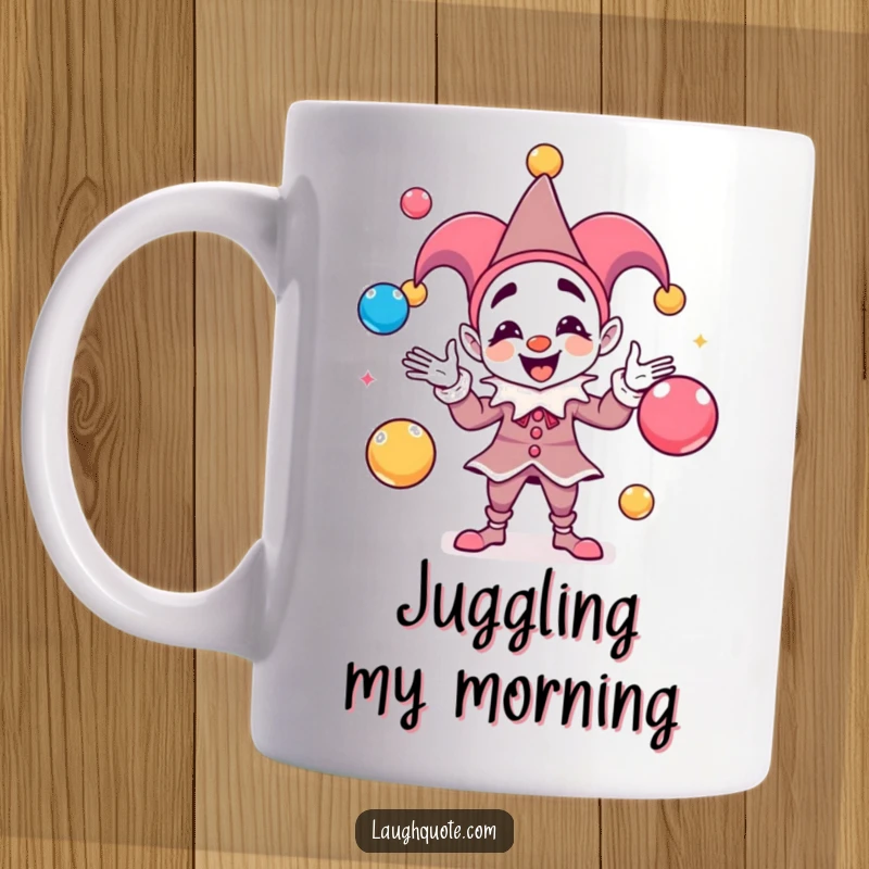 Funny Mug featuring a playful jester character expertly juggling colorful balls representing sound, radiating fun.