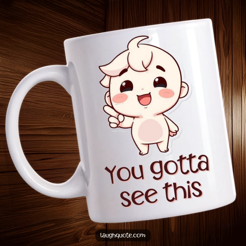 Funny Mug: Joyful character beaming with a smile, pointing at an unseen hilarious thing, radiating pure amusement and happiness.