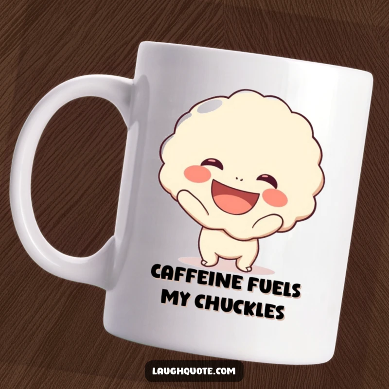 Funny mug showcasing a cute character with a beaming smile, holding up an oversized, exaggerated laugh bubble for maximum comedic effect.
