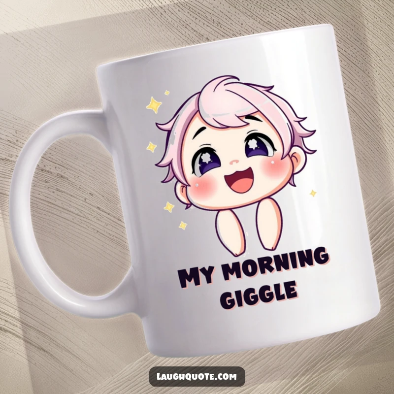 Funny Mug: Character with sparkling eyes, caught mid-laugh, radiating infectious joy and amusement.