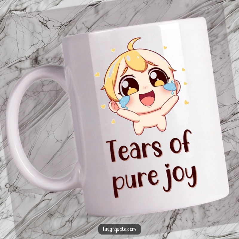 Funny Mug: A character with wide eyes bursts into joyous laughter, with tears streaming down its face.