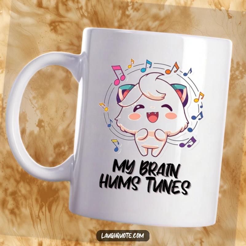 Funny music mug showing a cheerful character with animated expressions and music notes swirling vibrantly around its head.