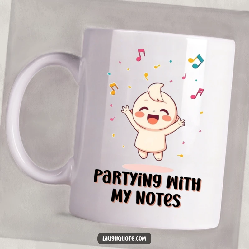 Funny mug depicting a joyful character happily throwing confetti shaped like musical notes in celebration.