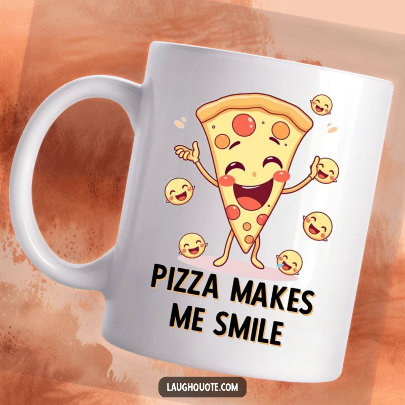 Funny mug with a giggling pizza slice character joyfully juggling several small, smiling emoji faces.